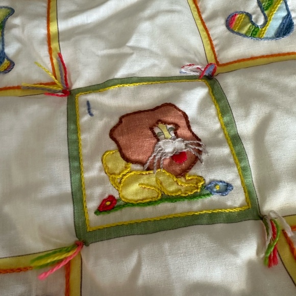 Vintage Handmade ABC Baby Blanket Top Embroidered Wall Hanging Ruffle Hem Decor - Picture 15 of 16